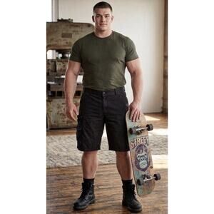 Plugg Cargo Shorts Black Utility Multi-Pocket Relaxed Fit Size 44 Y2K Skater